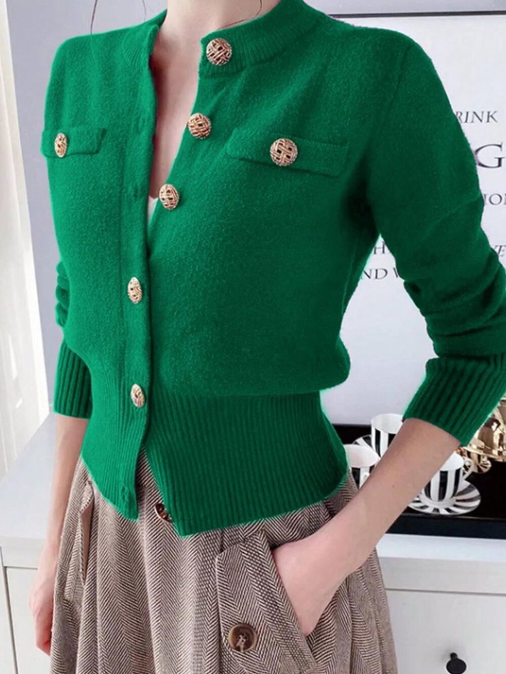 Green Casual Womens Long Sleeve Knitted Ribbed Button Front Faux Pocket Cardigan - Picture 5 of 5